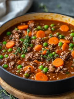 A bowl of homemade beef and carrot stew for dogs, featuring lean ground beef, carrots, peas, and a light broth, served with a spoon.
