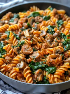 A close-up of Italian Sausage Pasta with Spinach & Mushrooms in a skillet, featuring rotini pasta, browned sausage, mushrooms, and fresh spinach.