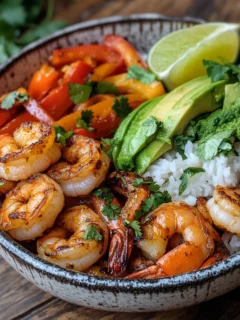 Colorful shrimp fajita bowl with cilantro lime rice, bell peppers, avocado, and lime in a rustic ceramic bowl