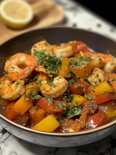 A bowl of Slow Cooker Shrimp Delight with juicy shrimp, colorful bell peppers, and a rich, flavorful sauce, garnished with fresh parsley.