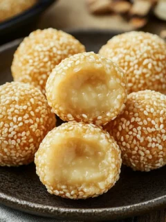 Four golden custard-filled sesame balls on a blue and white porcelain plate, one bitten to show creamy filling