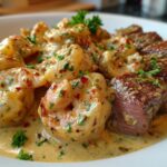 Spicy Shrimp & Steak in Creamy Alfredo Sauce