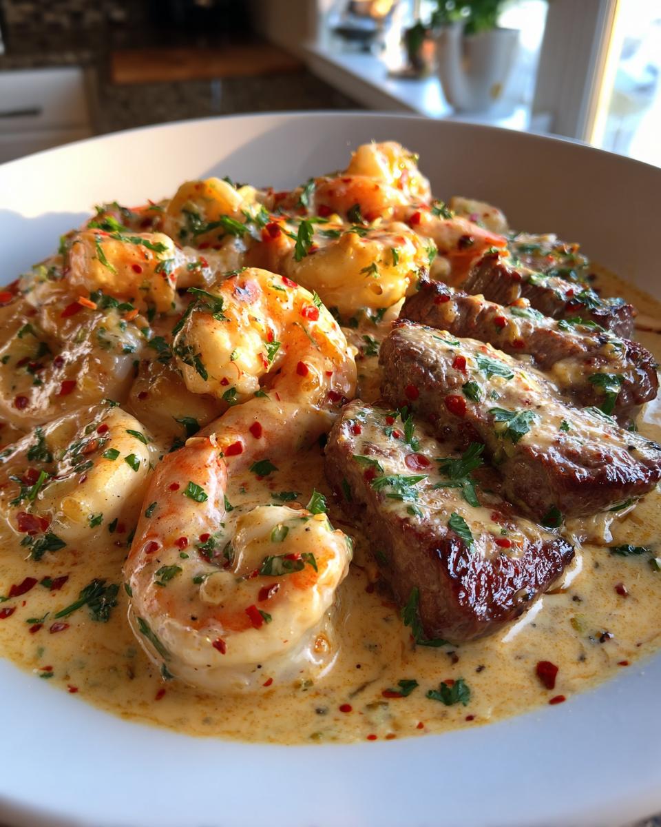 Spicy Shrimp & Steak in Creamy Alfredo Sauce - detail 3