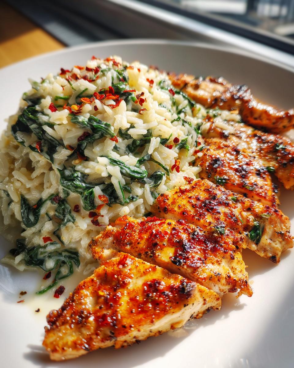 Creamy Parmesan Spinach Rice with Spicy Garlic Chicken - detail 1
