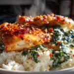 Creamy Parmesan Spinach Rice with Spicy Garlic Chicken