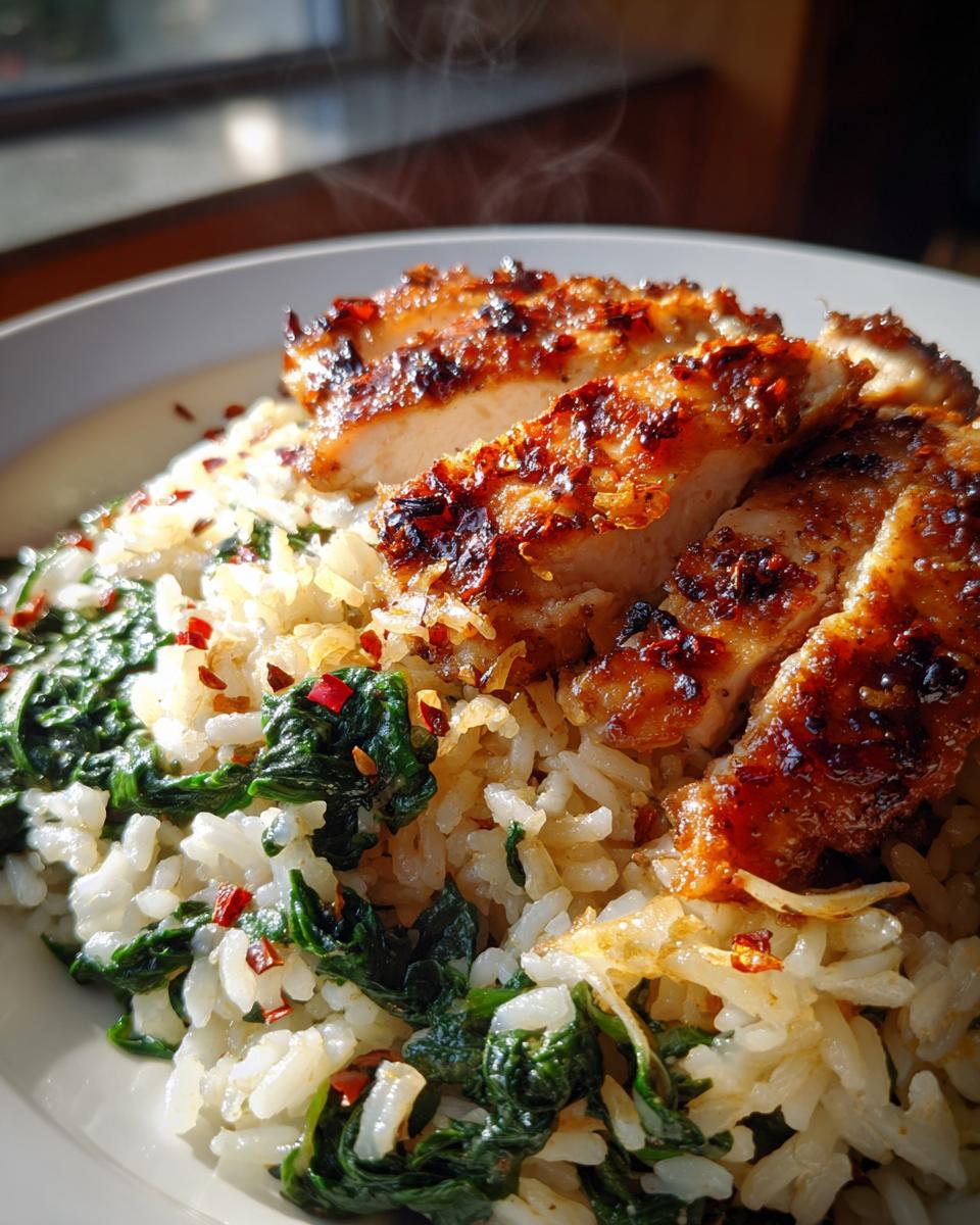 Creamy Parmesan Spinach Rice with Spicy Garlic Chicken - detail 2