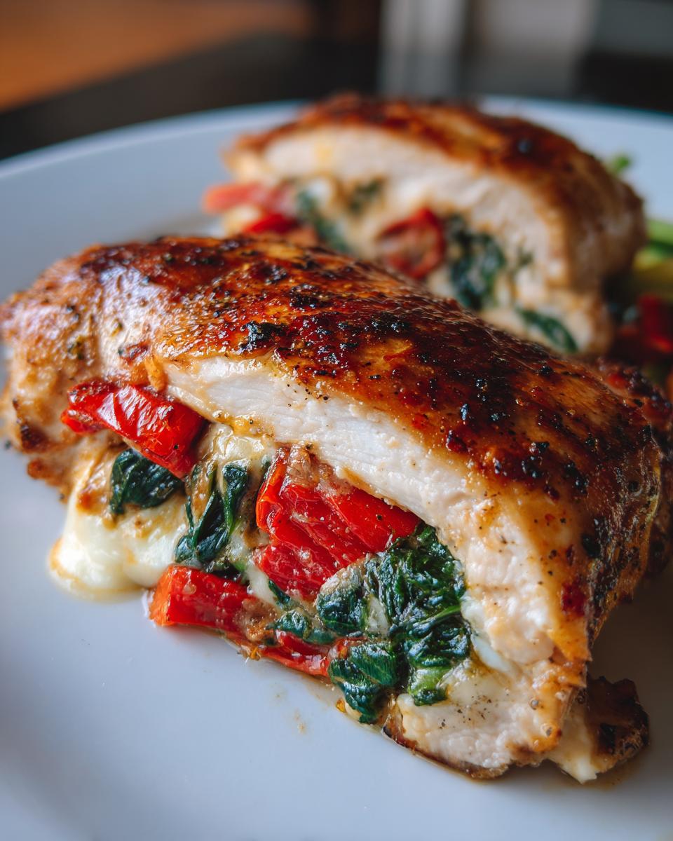 Roasted Red Pepper, Spinach, and Mozzarella Stuffed Chicken - detail 1