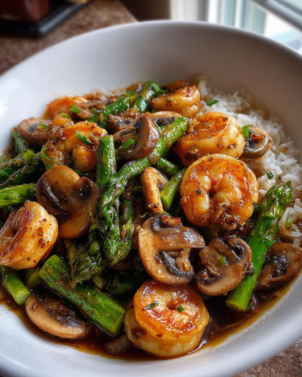 Stir-fried Shrimp with Asparagus and Mushrooms - detail 1