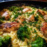 Creamy Garlic Parmesan Chicken and Broccoli Orzo Skillet for Christmas