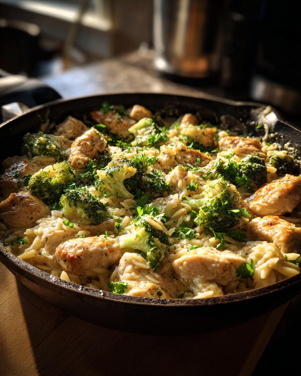 Creamy Garlic Parmesan Chicken and Broccoli Orzo Skillet for Christmas - detail 3