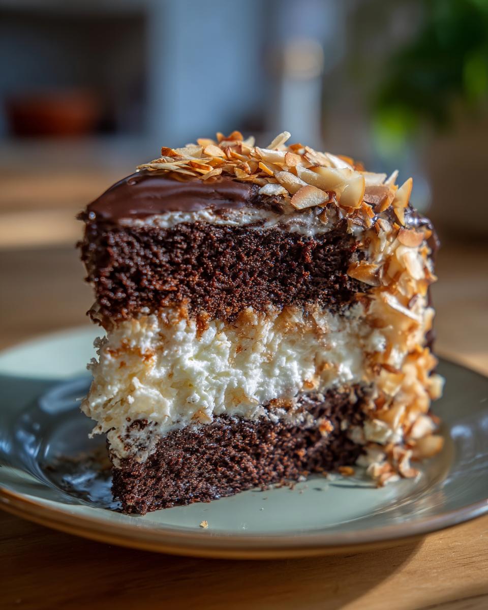 A decadent slice of Almond Joy Layer Cake featuring chocolate cake layers, creamy filling, and toasted almonds.