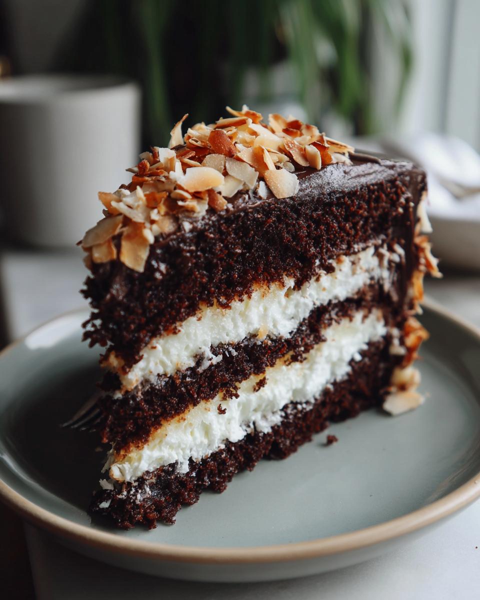A decadent slice of Almond Joy Layer Cake, featuring rich chocolate cake layers, creamy white filling, and topped with toasted almonds.
