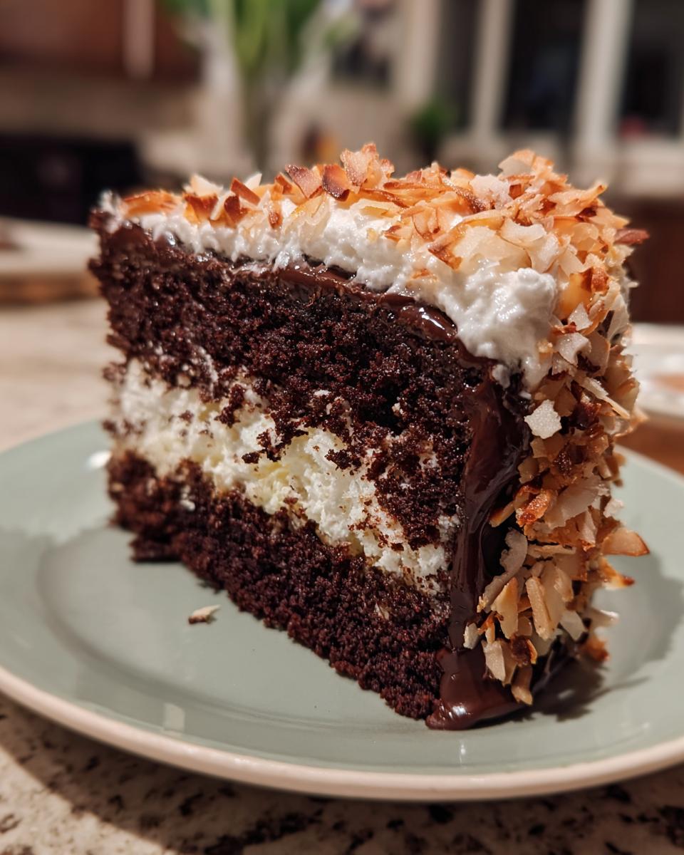 A decadent slice of Almond Joy Layer Cake featuring chocolate cake, coconut filling, and toasted coconut flakes.