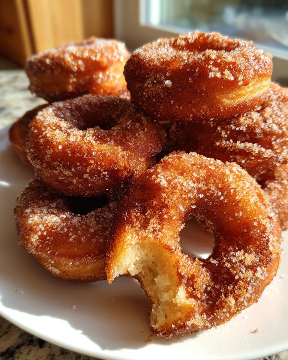 A close-up of a stack of freshly made Apple Cider Donuts coated in cinnamon sugar, with one donut having a bite taken out.
