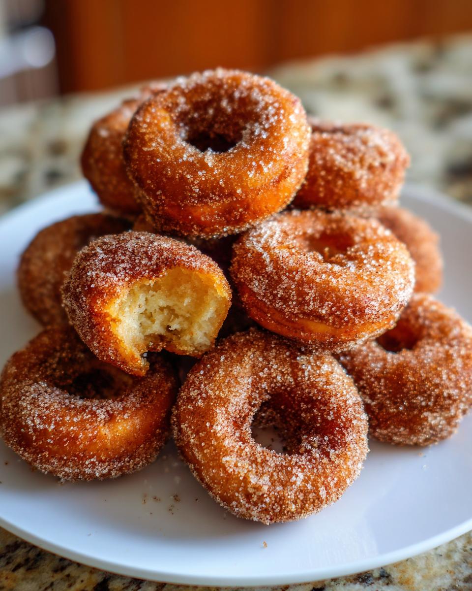 A stack of freshly made Apple Cider Donuts with Cinnamon Sugar, one with a bite taken out.