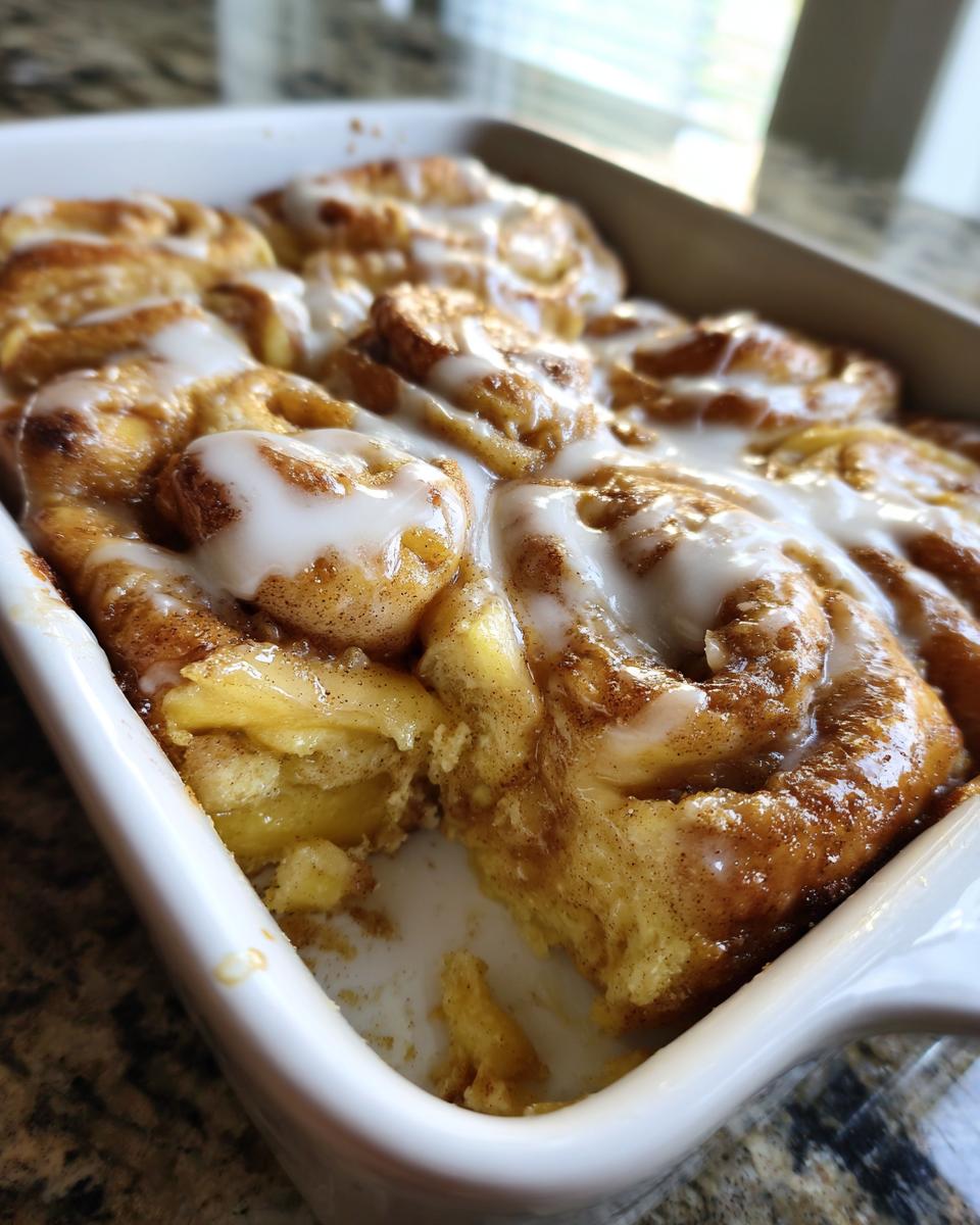 Close-up of a freshly baked Apple Cinnamon Roll Bake in a white dish, drizzled with white icing.