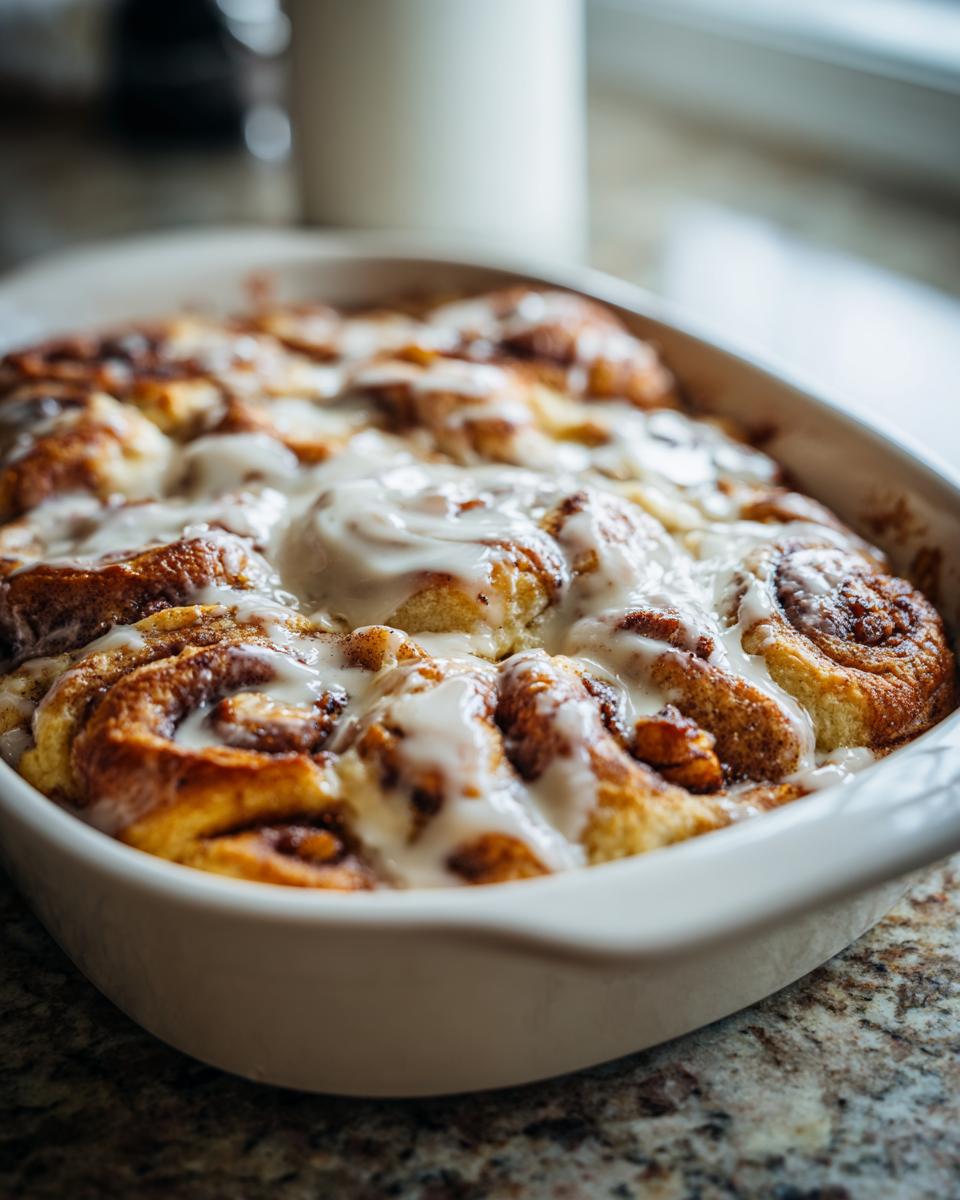 Close-up of a white baking dish filled with a warm Apple Cinnamon Roll Bake, drizzled with icing.