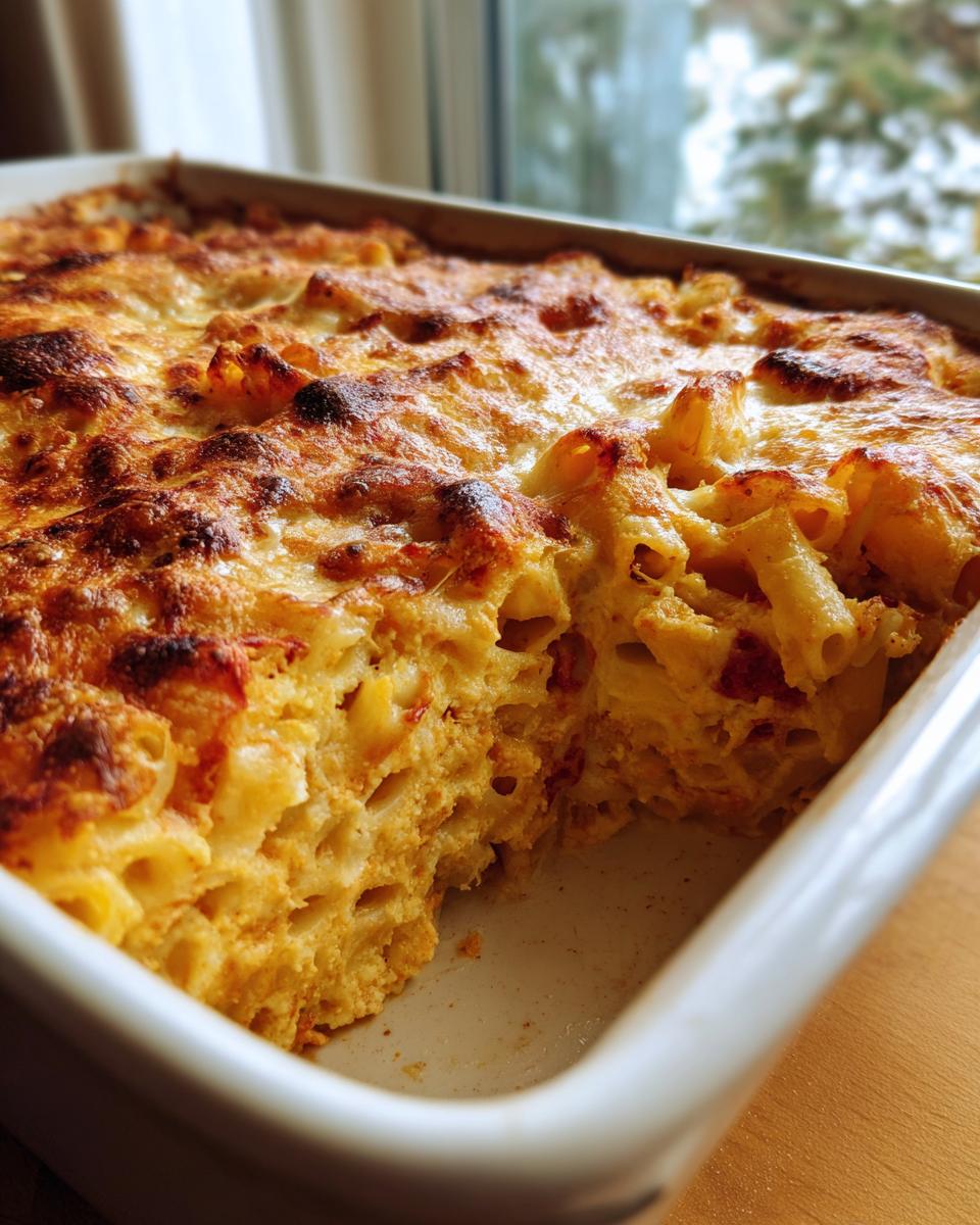A close-up of a baking dish filled with golden-brown Baked Ziti with Three Cheeses, with a portion removed.