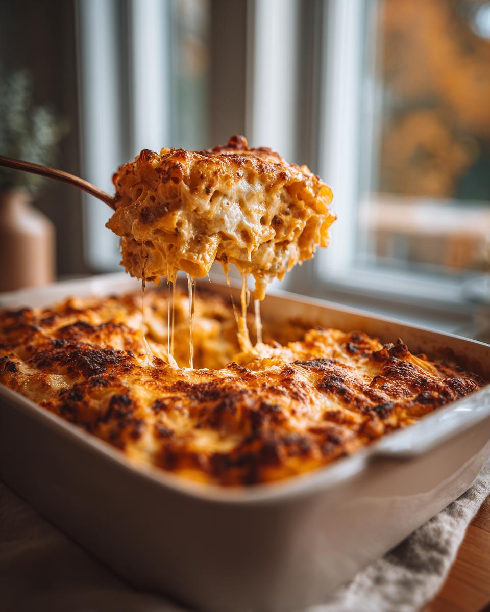 A scoop of cheesy Baked Ziti with Three Cheeses being lifted from a baking dish, with melted cheese strings.