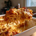 A serving spoon lifts a cheesy portion of Baked Ziti with Three Cheeses, showing melted cheese strings.