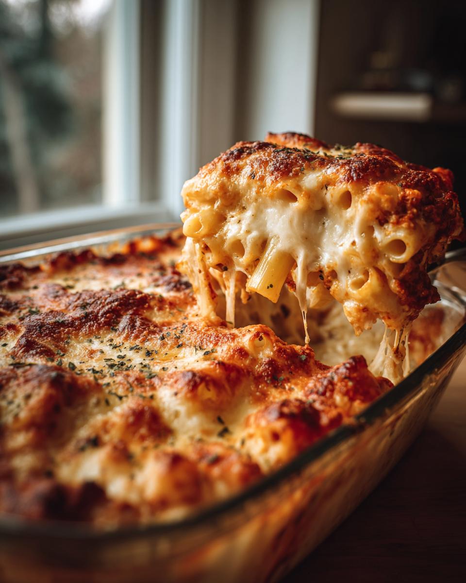 A serving spoon lifts a cheesy portion of Baked Ziti with Three Cheeses from a baking dish.