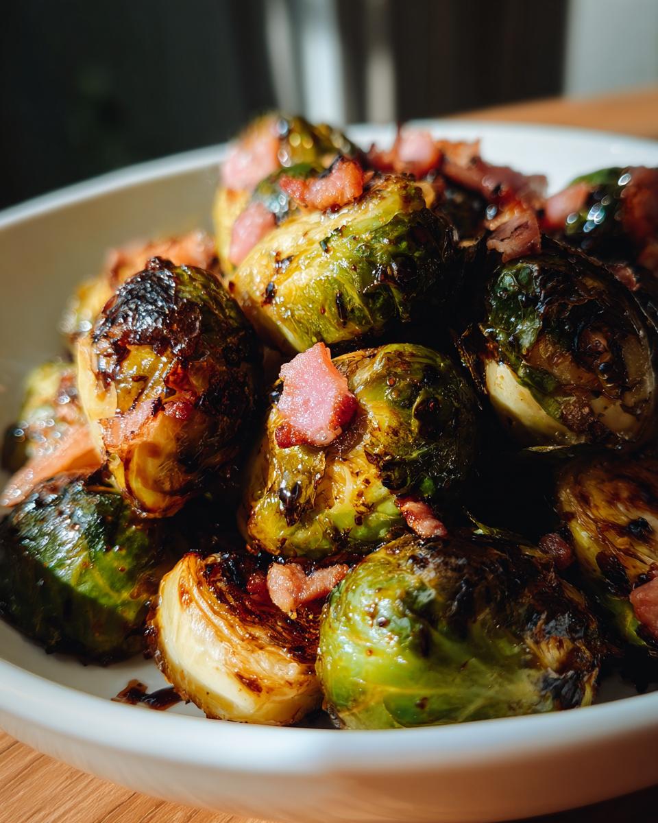Close-up of delicious Balsamic Roasted Brussels Sprouts with Bacon, glistening and caramelized.