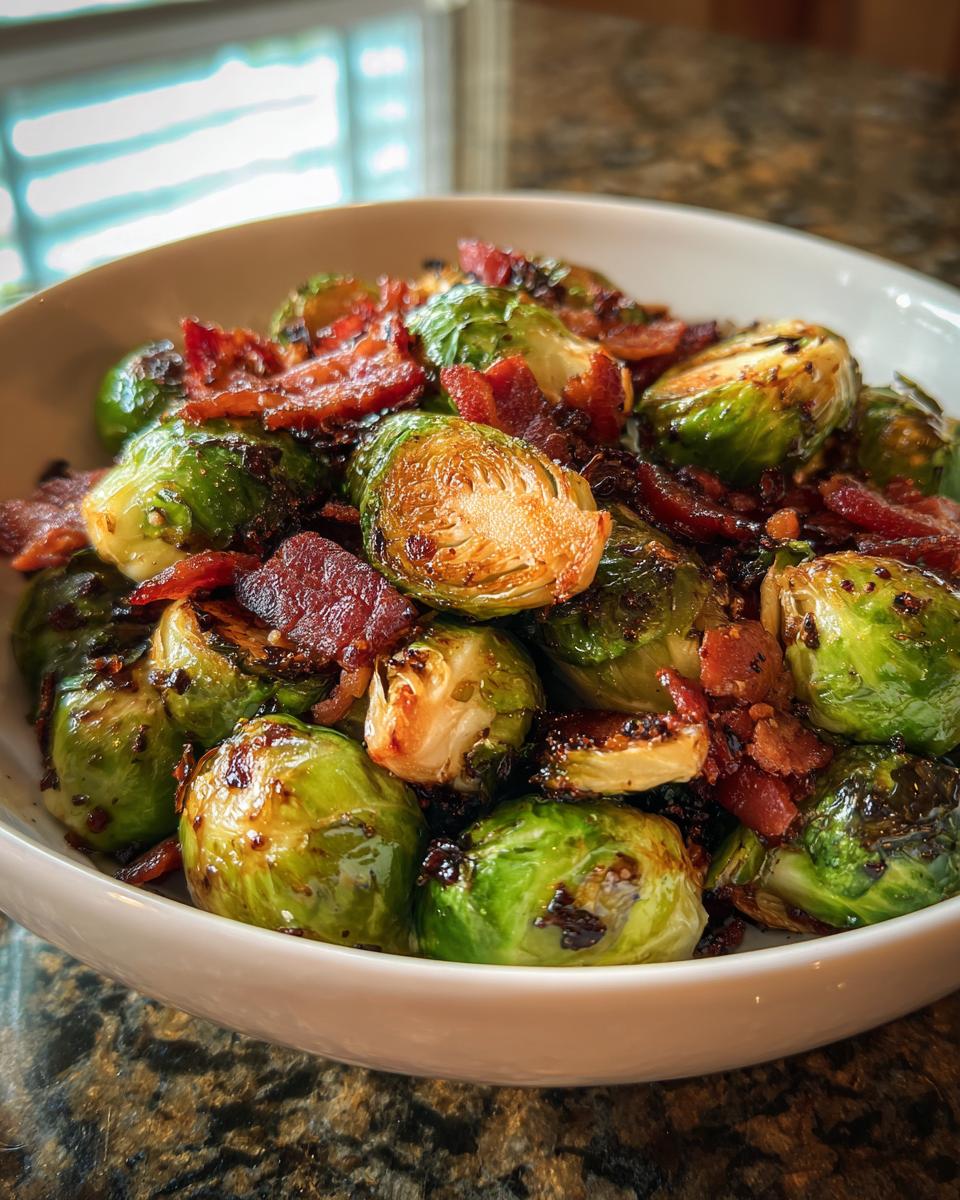 Close-up of a bowl filled with glistening Balsamic Roasted Brussels Sprouts with Bacon.