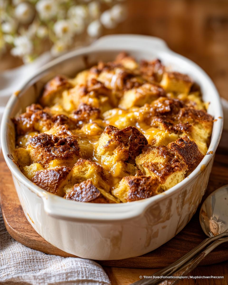 Close-up of a freshly baked Banana Caramel Bread Pudding in a white ceramic baking dish, with golden caramel sauce.