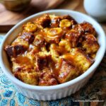 Close-up of a white baking dish filled with Banana Caramel Bread Pudding, topped with rich caramel sauce and banana slices.