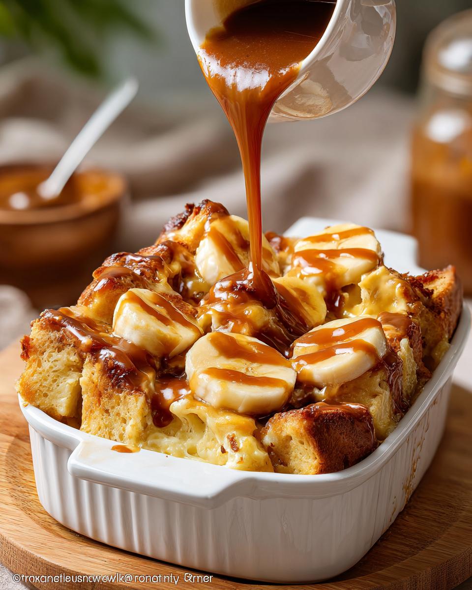Close-up of Banana Caramel Bread Pudding being drizzled with caramel sauce.