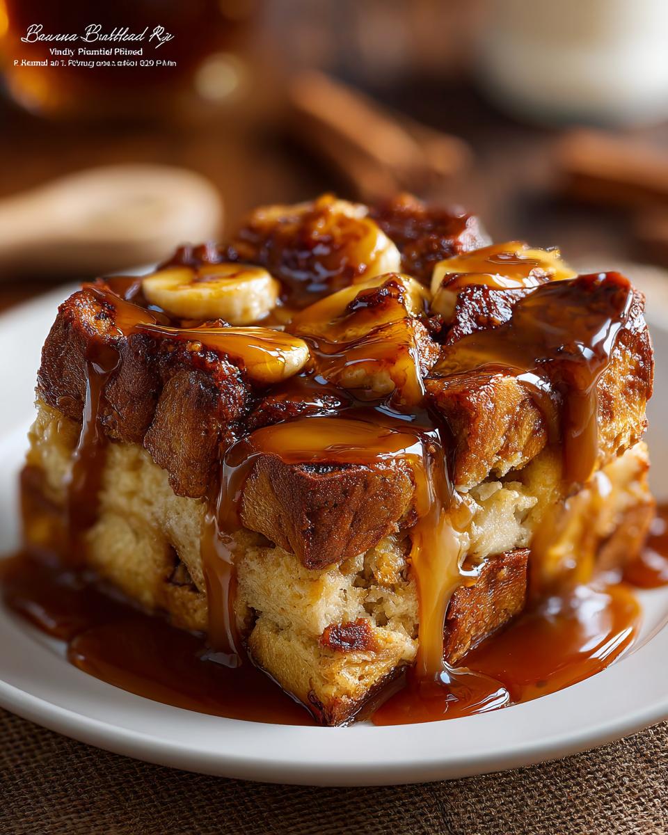 A close-up of a rich Banana Caramel Bread Pudding slice, generously drizzled with caramel sauce and topped with banana slices.