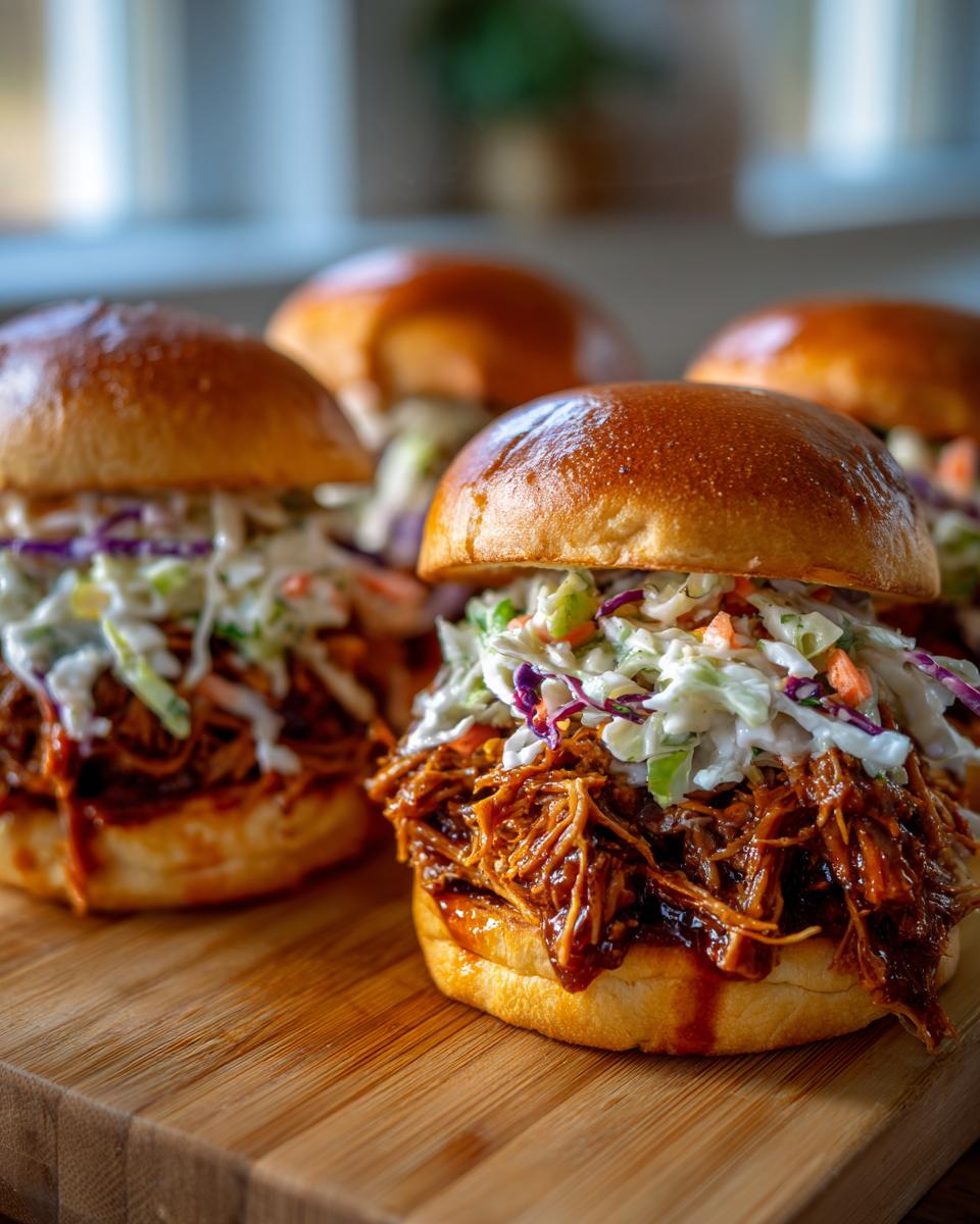 Close-up of delicious BBQ Pulled Pork Sliders with creamy slaw on a wooden board.