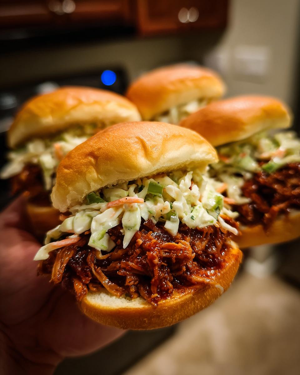 Close-up of delicious BBQ Pulled Pork Sliders topped with creamy coleslaw.