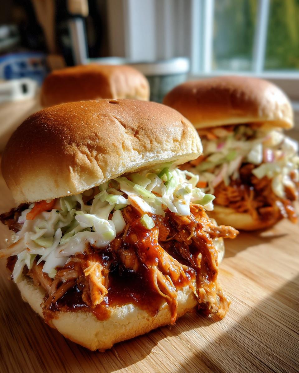 Close-up of delicious BBQ Pulled Pork Sliders with creamy coleslaw on a wooden board.