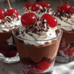 Close-up of Black Forest Mousse Cups, featuring chocolate mousse, whipped cream, cherries, and chocolate shavings.