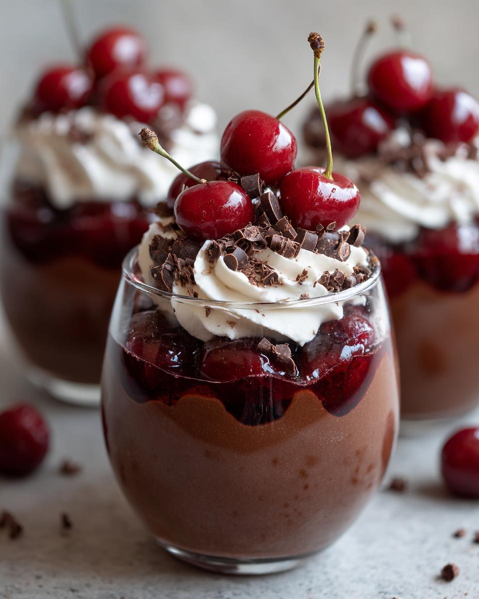Close-up of individual Black Forest Mousse Cups topped with whipped cream, chocolate shavings, and fresh cherries.