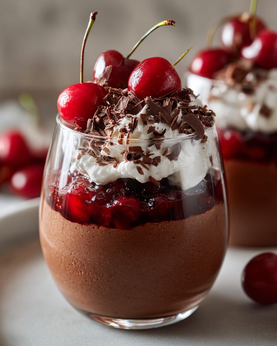 Close-up of a Black Forest Mousse Cup with layers of chocolate mousse, cherries, whipped cream, and chocolate shavings.