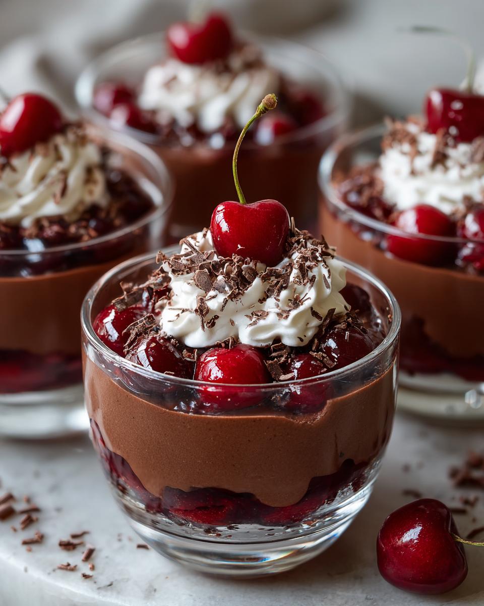 Close-up of Black Forest Mousse Cups filled with chocolate mousse, cherries, whipped cream, and chocolate shavings.