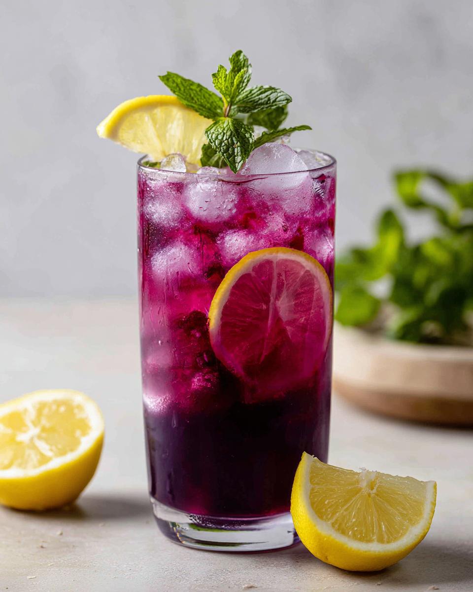 A tall glass filled with Blackberry Mint Lemonade, ice, lemon slices, and fresh mint leaves.