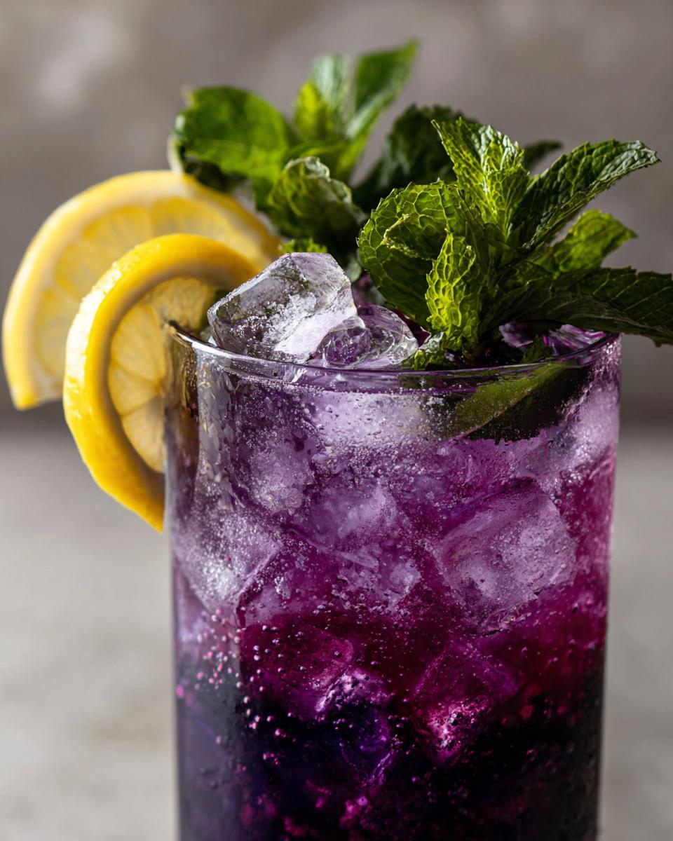 Close-up of a tall glass filled with vibrant purple Blackberry Mint Lemonade, ice, fresh mint sprigs, and lemon slices.