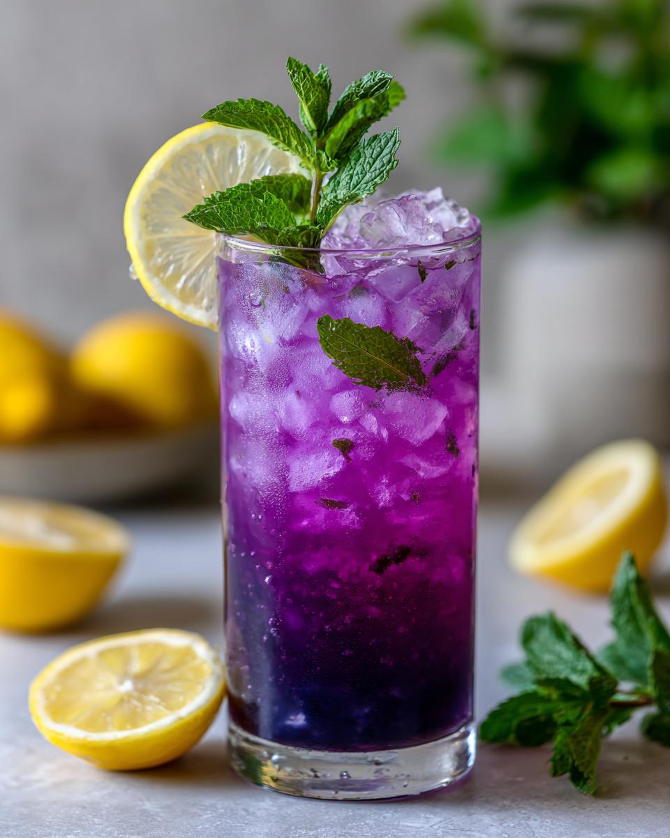 A tall glass of vibrant purple Blackberry Mint Lemonade filled with ice, garnished with a lemon slice and fresh mint leaves.
