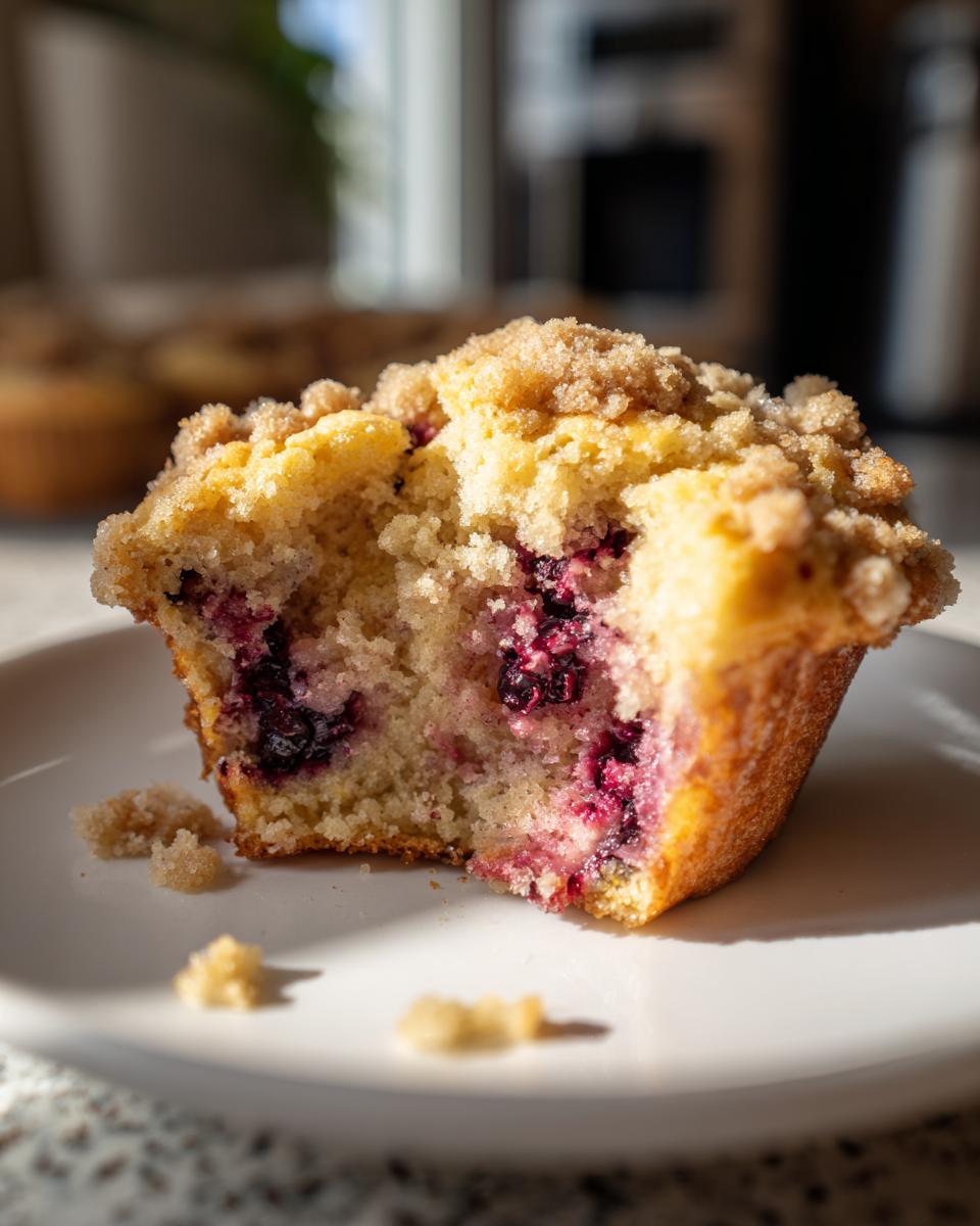 A close-up of a delicious Blackberry Streusel Muffin with a bite taken out, revealing juicy berries inside.