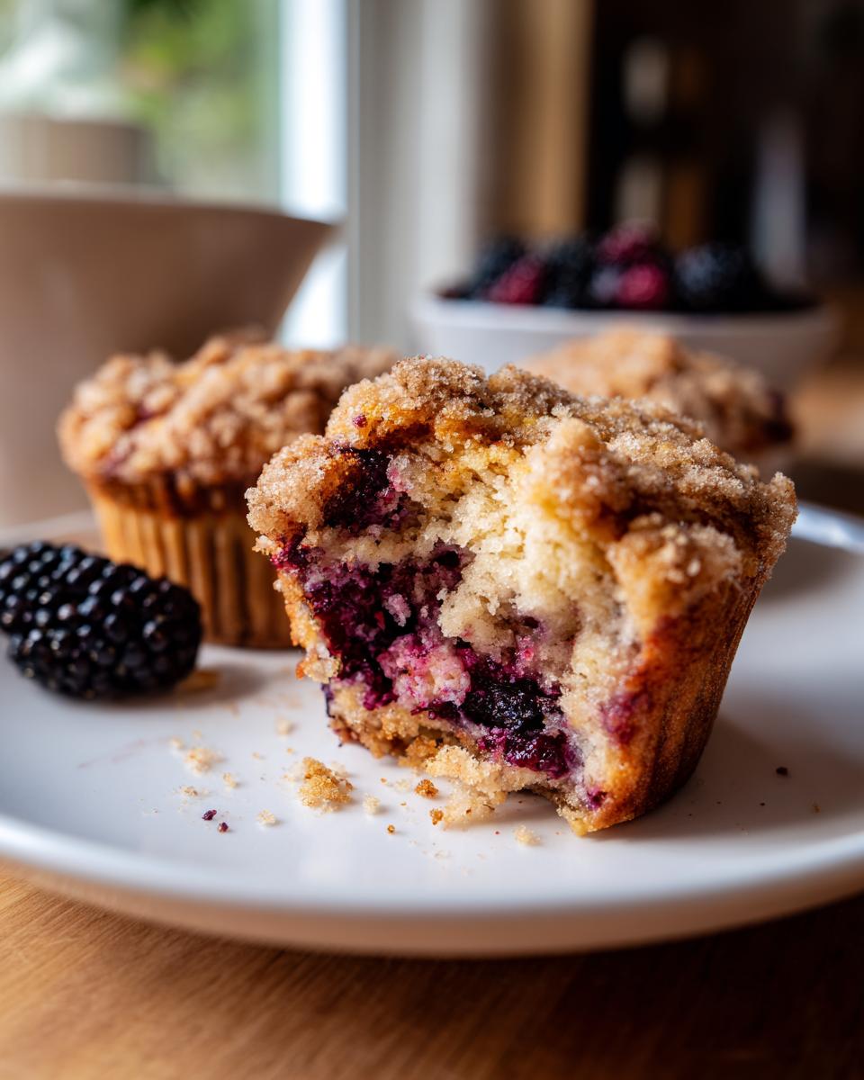 Close-up of a delicious Blackberry Streusel Muffin with a bite taken out, showing juicy berries and crumb topping.