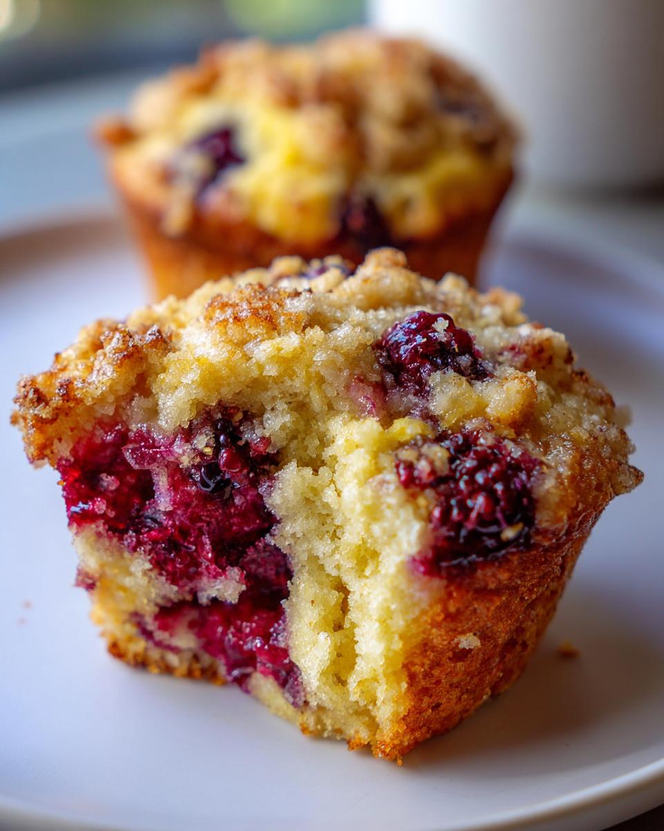A close-up of a broken Blackberry Streusel Muffin, revealing juicy berries and a crumbly topping.