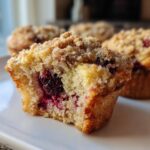 Close-up of a delicious Blackberry Streusel Muffin with a bite taken out, showing juicy blackberries inside.