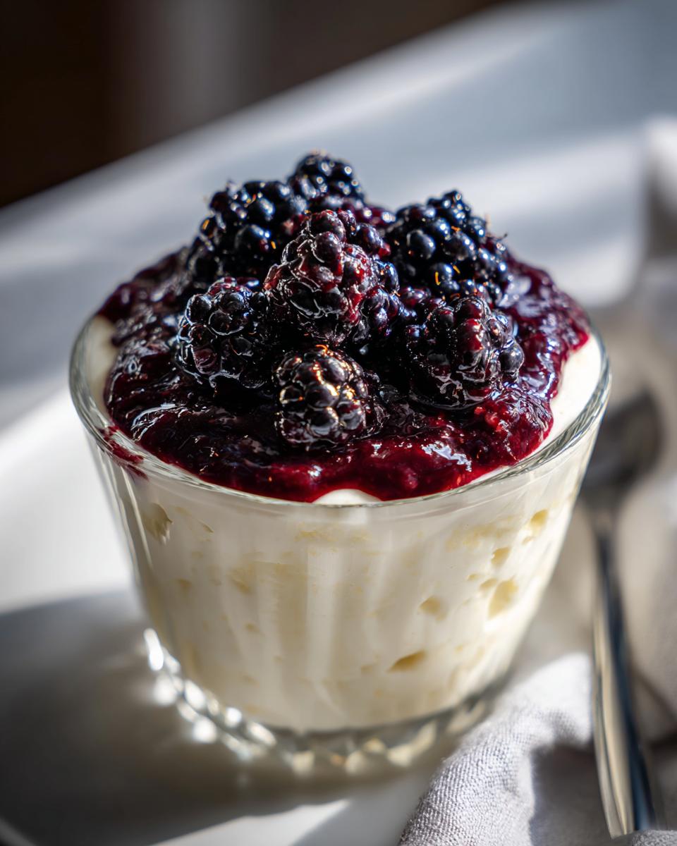 A close-up of a creamy Blackberry Vanilla Bean Panna Cotta topped with fresh blackberries and sauce.