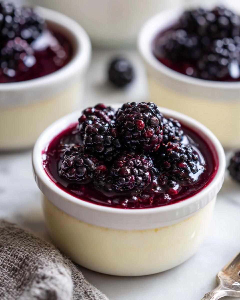 Close-up of a creamy Blackberry Vanilla Bean Panna Cotta topped with fresh blackberries and sauce.