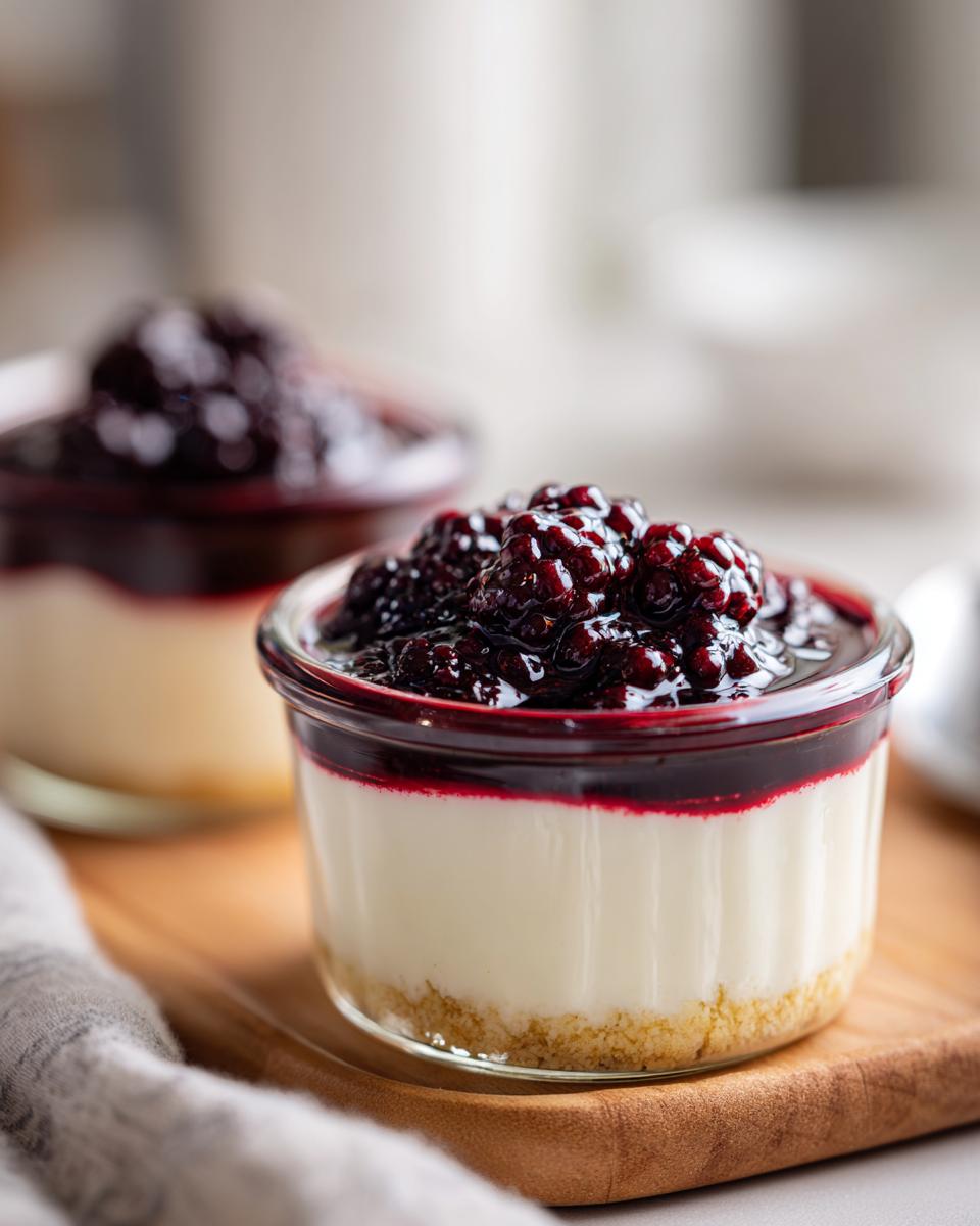 Close-up of a creamy Blackberry Vanilla Bean Panna Cotta topped with fresh blackberries and sauce in a glass ramekin.