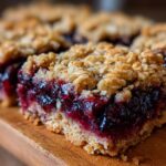 Close-up of a delicious Blueberry Crumble Bar with a thick layer of blueberries and a crumbly oat topping.