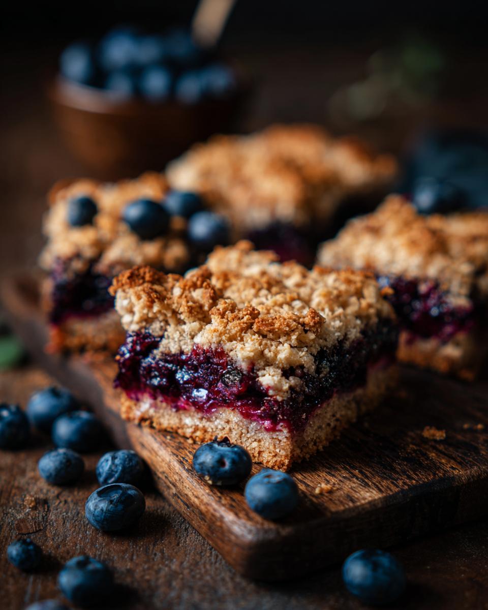 Close-up of Blueberry Crumble Bars on a wooden board, garnished with fresh blueberries.